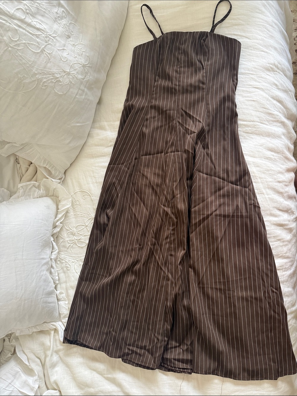 Brown Pinstripe Spaghetti Strap Dress